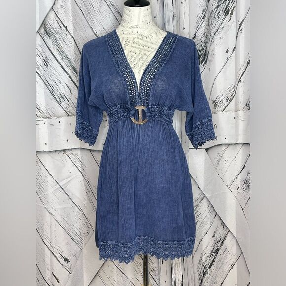 Cotton Natural Dresses & Skirts - Cotton Natural Blue Mini Dress Lace Trim M